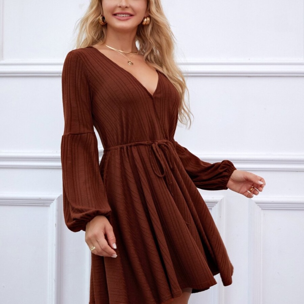 Waist tie v neck ribbed knit long sleeve dress - Picture 3 of 8